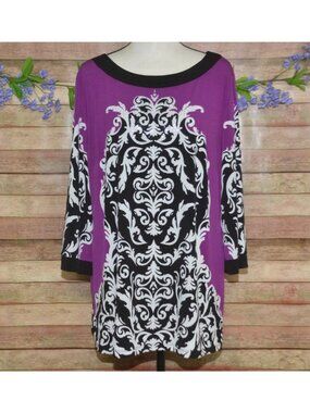 JM Collection Purple Black White Damask Print Tunic
